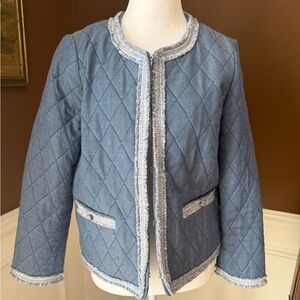 Talbots Quilted Tweed Fringe Chambray Denim Jacket Lightweight Size 6